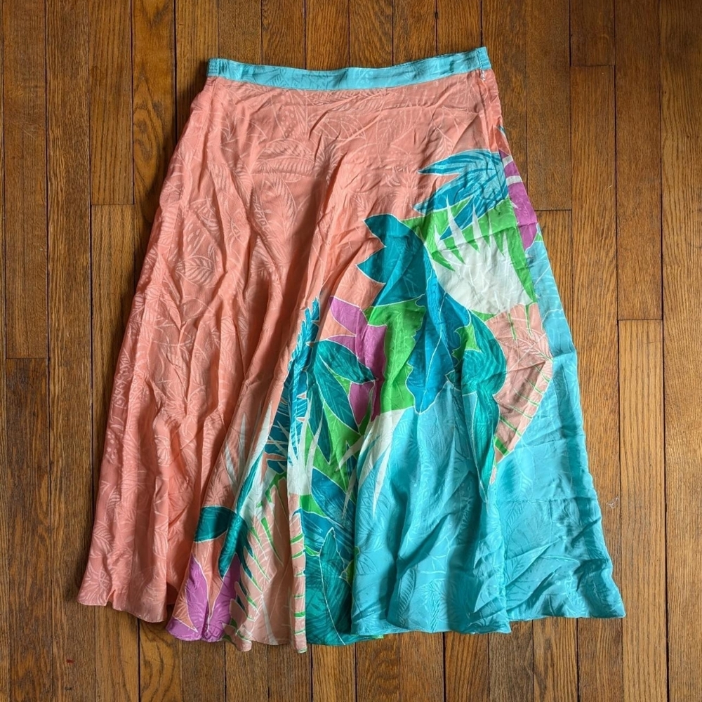 Vintage 80's Silk Tropical Floral Print Midi Dress